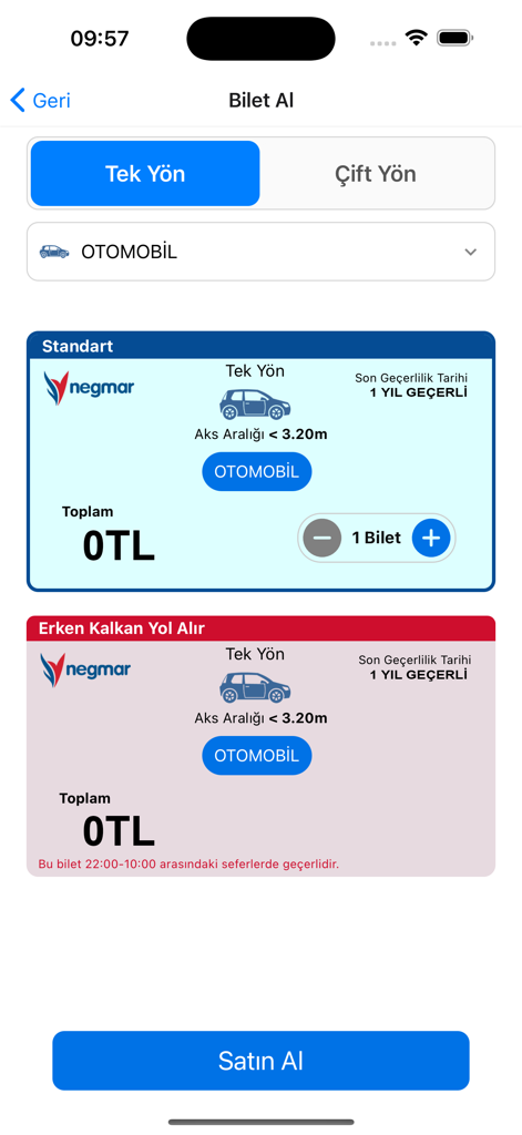 Ecrã da aplicação móvel Negmar para selecionar bilhetes de ferry de ida para automóveis com opções de preços standard e early bird.