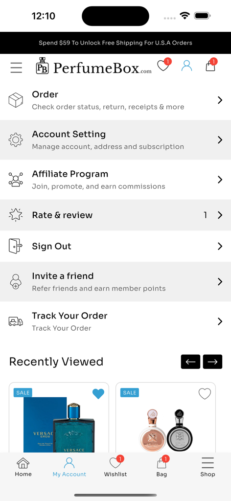 The PerfumeBox - Benutzerkonto-Oberfläche der The PerfumeBox App, die Bestellverlauf, Kontoeinstellungen und kürzlich angesehene Düfte anzeigt.