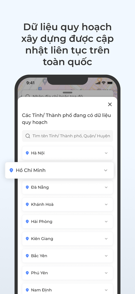 Meey Map - Tra quy hoạch 4.0 - Meey Map app interface showing a list of major Vietnamese cities with available construction planning data
