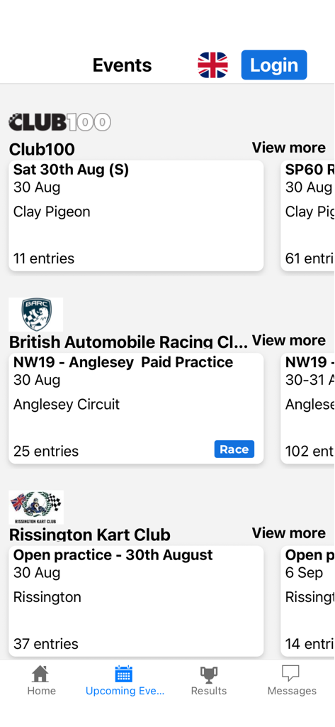 Alpha Racehub - Alpha Racehub app displaying a list of upcoming karting events from various racing clubs
