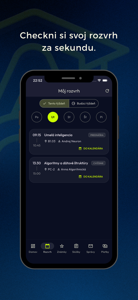 Interface de horário universitário do aplicativo Ajsik mostrando aulas diárias e locais em modo escuro