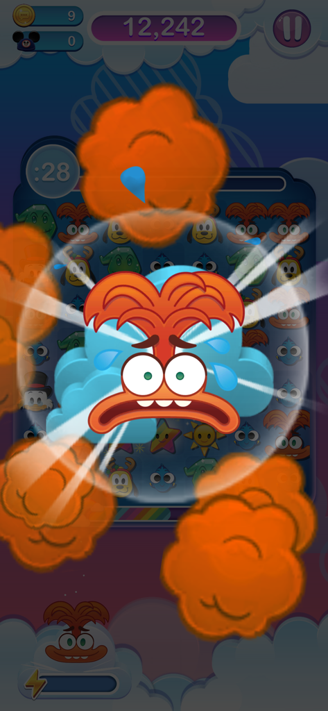 Gameplay screenshot of Disney Emoji Blitz featuring a character power up effect on the match 3 board