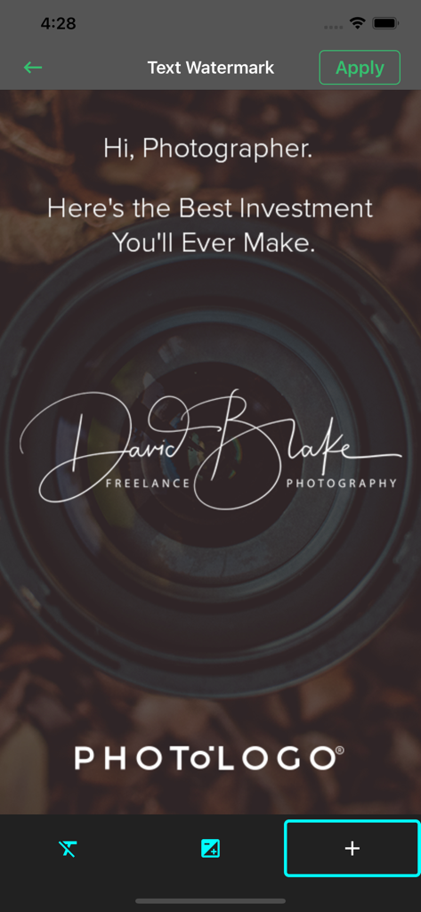 Easy Watermark:Add to Pic,Movi - Interface of Easy Watermark app showing a professional photography signature over a camera lens photo