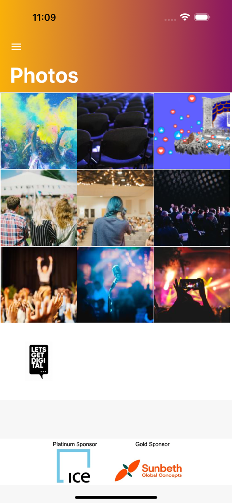 Amsterdam Cocoa Week - Pantalla de galería de fotos dentro de la aplicación Amsterdam Cocoa Week que muestra una cuadrícula de los aspectos más destacados del evento y logotipos de patrocinadores