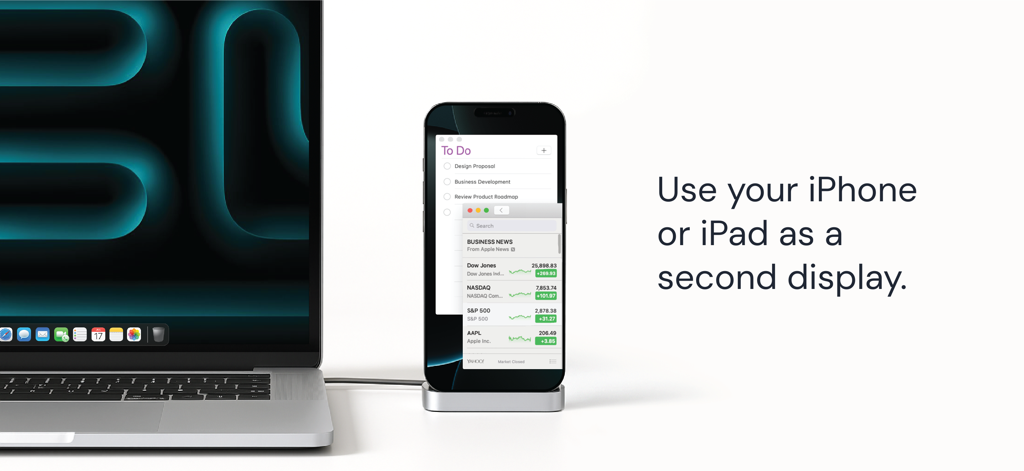 Duet Display - Um laptop conectado a um iPhone servindo como segunda tela para multitarefa e produtividade