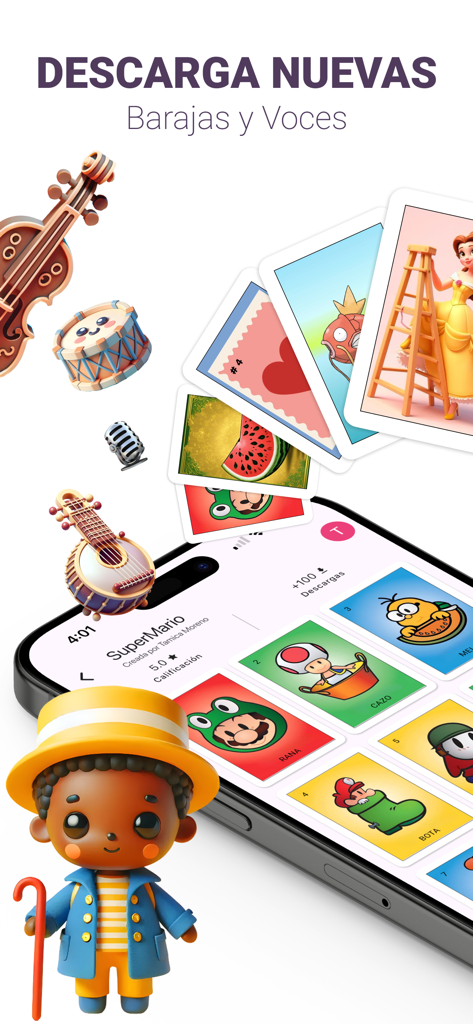 Barajaverso ® Lotería Mexicana - Barajaverso app screenshot showcasing custom themed Loteria decks and downloadable voices.