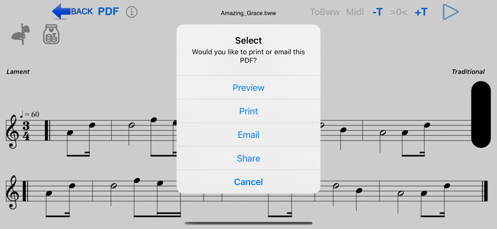 Bagpipe sheet music display with a menu showing options to preview print or email as a PDF