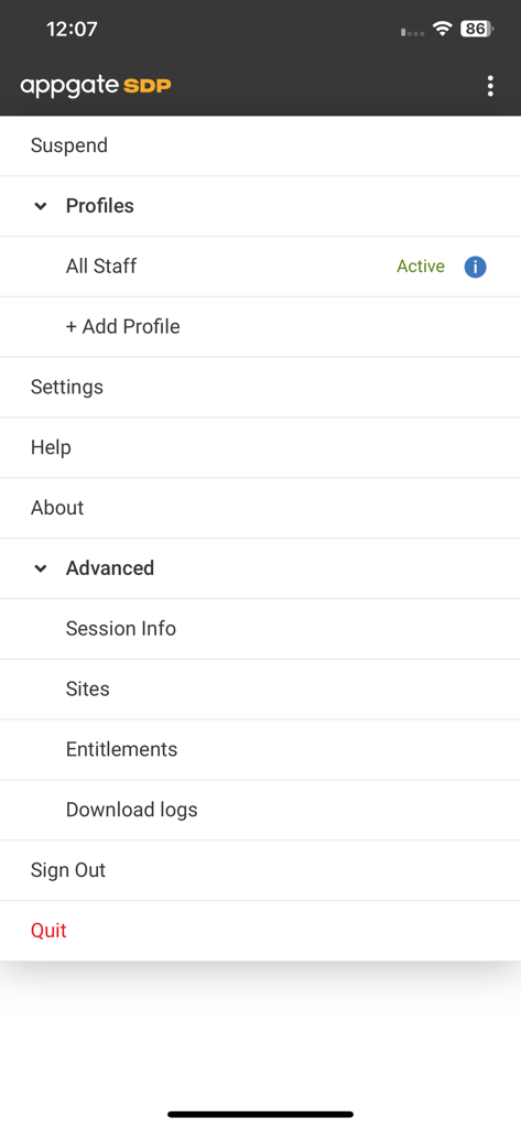 Menú principal de la aplicación cliente Appgate SDP que muestra perfiles y configuraciones de seguridad avanzadas