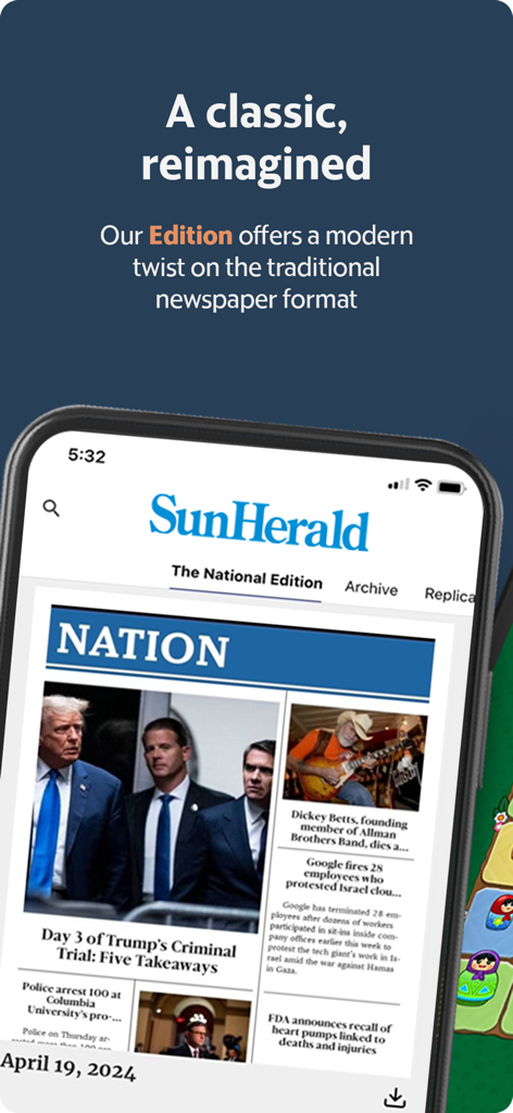 Biloxi Sun Herald News - Sun Herald app interface showing the digital news edition with national headlines on a smartphone