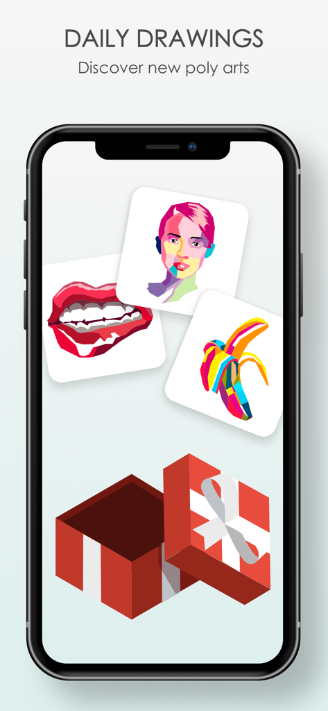 Pop Art Jigsaw HD Puzzle Games - Mobile app screen displaying daily poly art drawings of a portrait, lips, and a banana.