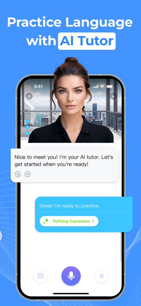 Talkora：Fun Language Learning - Mobile phone screen showing the Talkora app interface with a female AI tutor avatar for interactive language conversation practice.