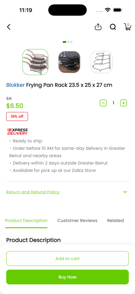 Makhsoom - Makhsoom app product page showing a Blokker frying pan rack for sale with price and express delivery information in Lebanon.