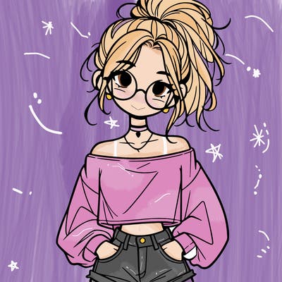 girl with a messy ponytail glasses a baggy crop top and jean shorts