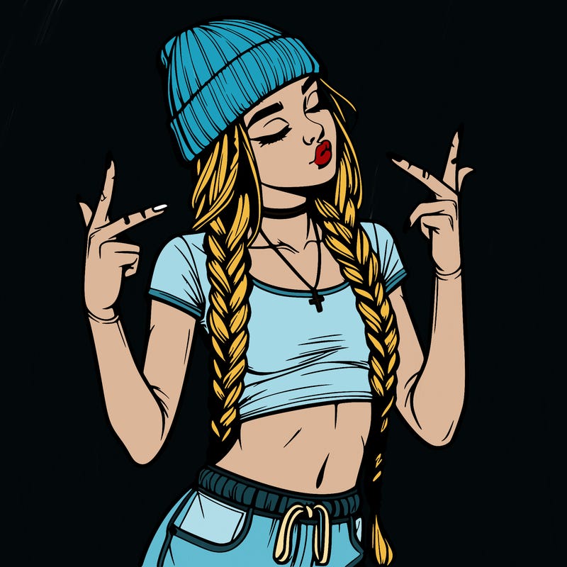 realistic teenage girl with braids and a beanie and crop top doing 🫶🏼