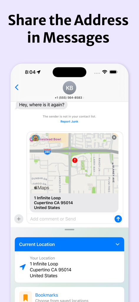 Pantalla del iPhone que muestra un mapa de ubicación y una dirección compartida en una conversación de iMessage.
