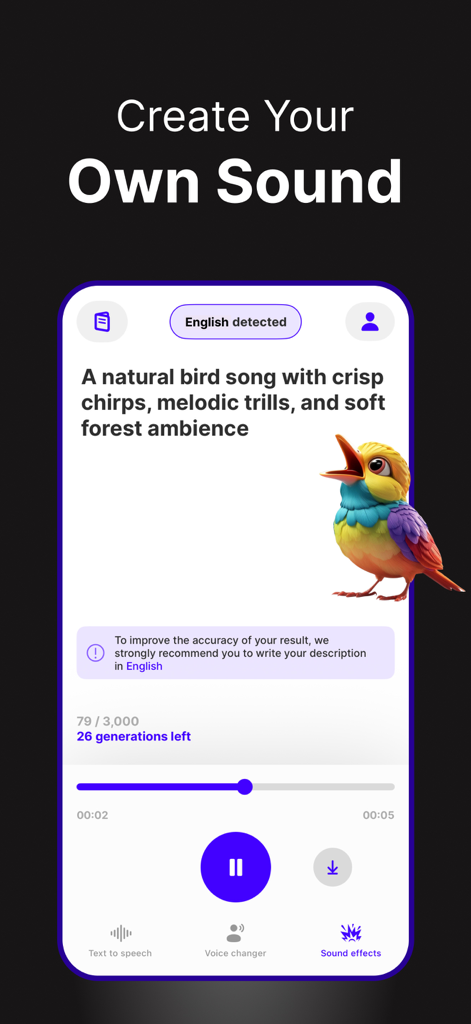 Pantalla de la aplicación móvil Speech Lab que muestra la generación de efectos de sonido de texto a sonido IA para el canto de un pájaro