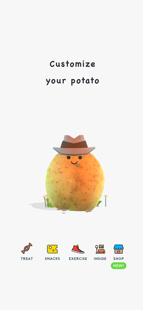 Potater - Potater app screen showing a customizable pet potato wearing a hat with a menu for treats snacks and exercise