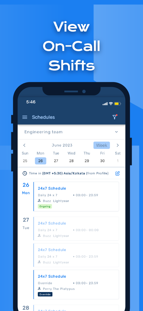 Squadcast mobile app interface showing a list of on-call shifts and engineering team schedules