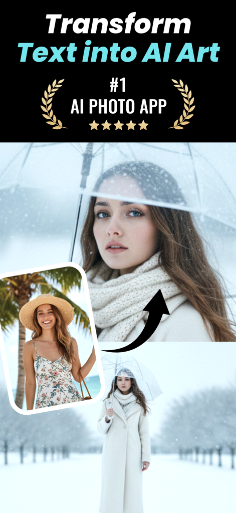 Ideagrow : AI Image Generator - Captura de pantalla de la aplicación Ideagrow AI que muestra la transformación de una foto de verano a invierno.