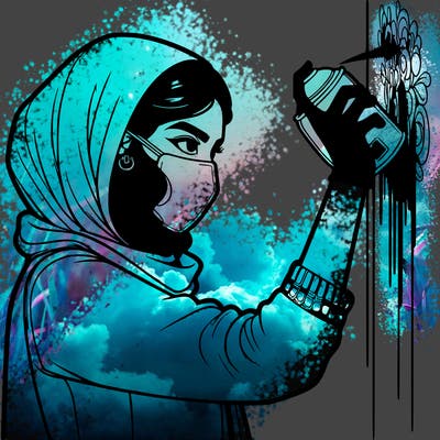realistic girl with mask spray painting a wall
