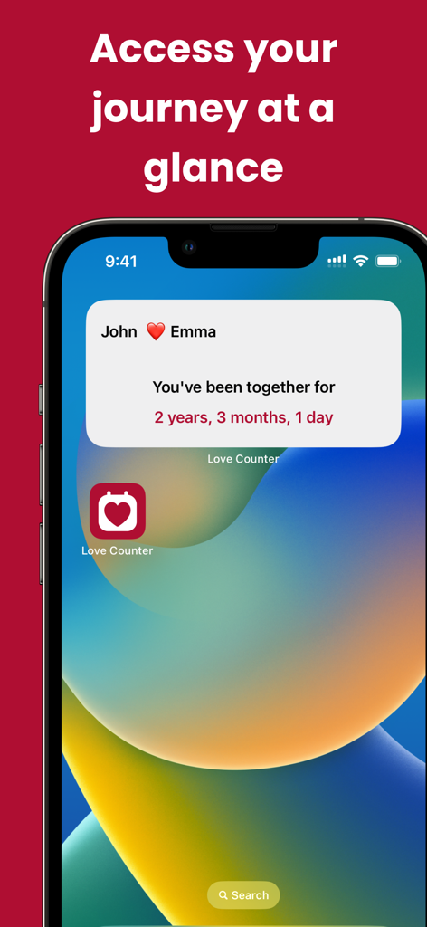 iPhone-Startbildschirm, der ein benutzerdefiniertes Widget mit einem Beziehungs-Timer für ein Paar anzeigt