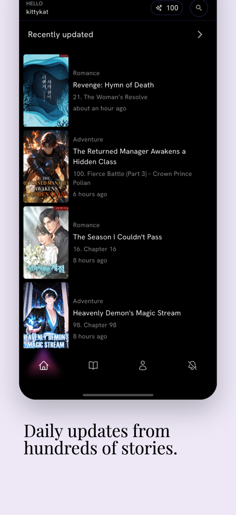 Benutzeroberfläche der Yoru Studios App, die eine Liste kürzlich aktualisierter Webnovels mit Coverbild und Genres zeigt