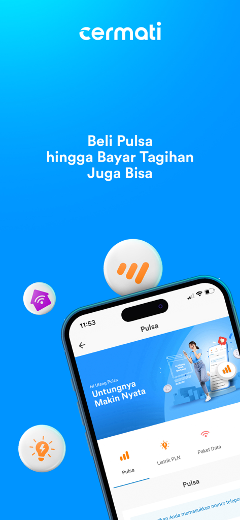 Cermati - Cek SLIK & Asuransi - Cermati mobile app screen for paying bills and buying mobile credit in Indonesia