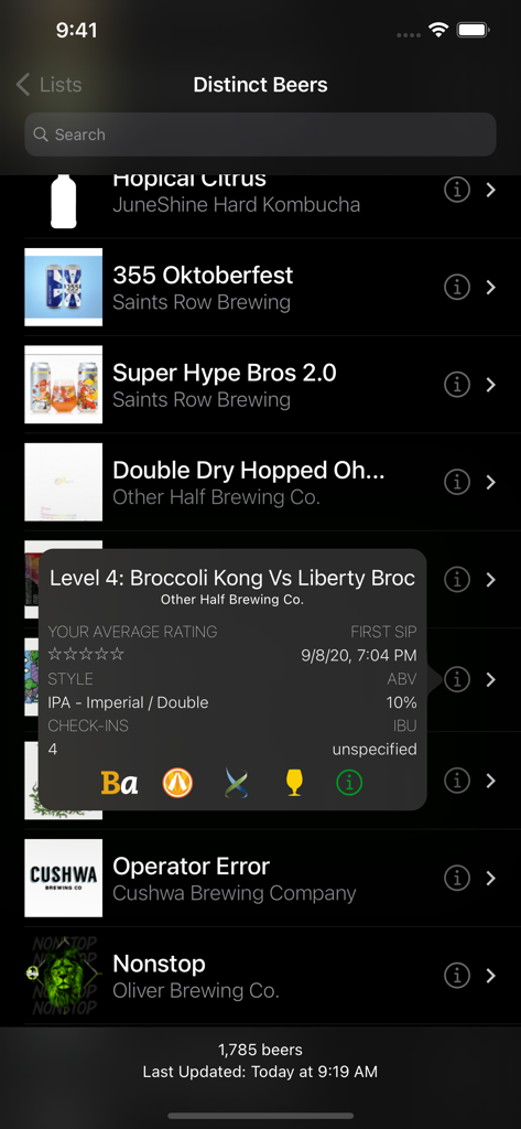 Tappd That for Untappd - A mobile app interface displaying a list of distinct beers with a pop-up window showing detailed stats for an Imperial IPA beer including ABV and average rating.