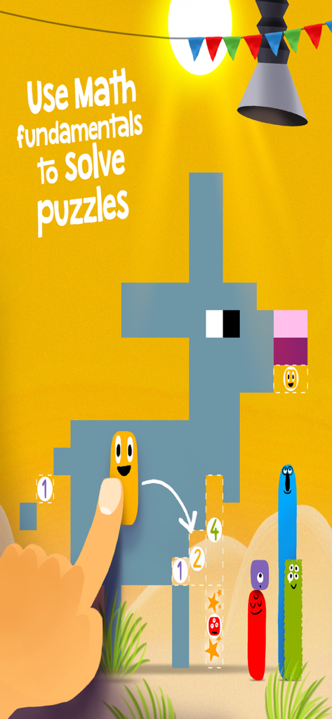 Child solving a math puzzle by dragging a Noom character into a shaped block in the DragonBox Numbers app.