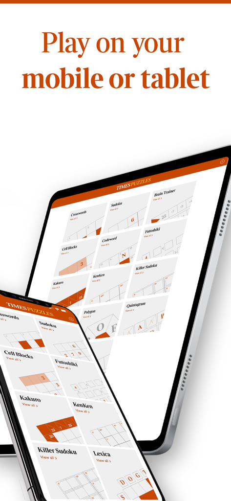 The Times Puzzles app interface displayed on a smartphone and a tablet showing various game categories