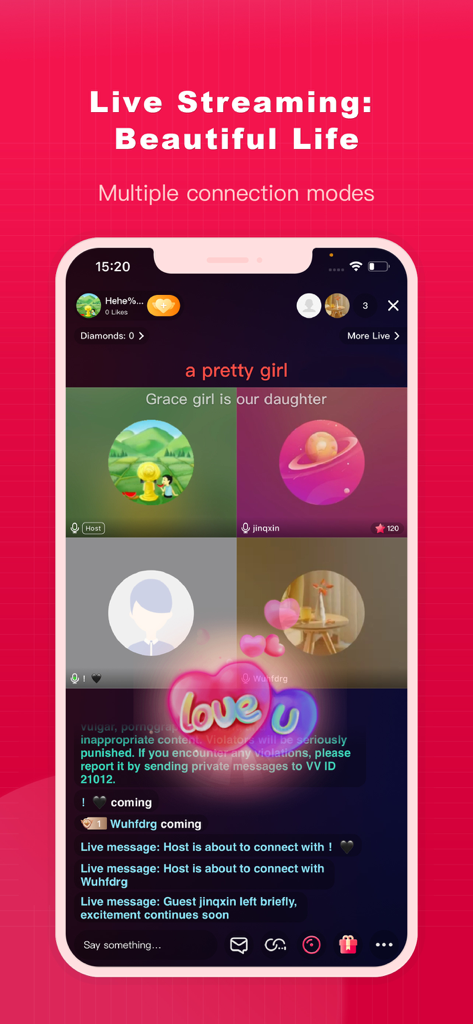 A screenshot of the HappyVV app showcasing its live streaming feature with multiple connection modes and group chat.