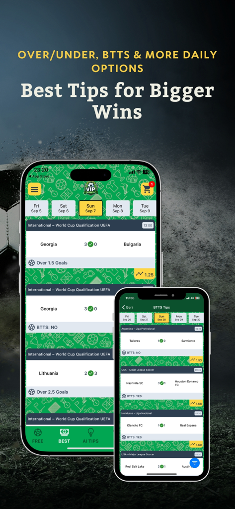 Two smartphones displaying daily football betting tips for over under and both teams to score markets on the Vip Betting Tips Prediction app.