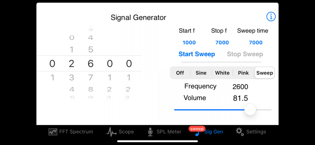 Audio Kit signal generator interface showing frequency sweep settings