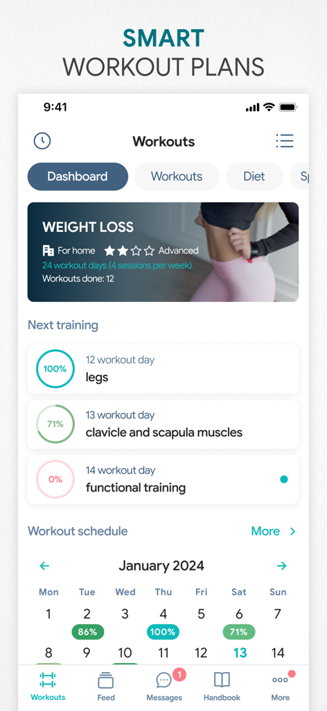 Mobile app dashboard displaying a weight loss training plan next sessions and a monthly workout schedule calendar