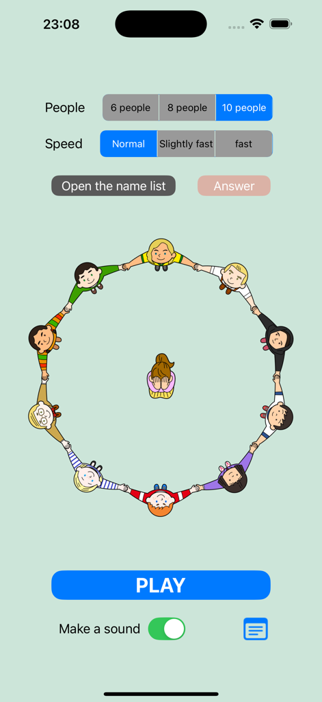 Kagome Kagome - A game screen of Kagome Kagome showing ten children in a circle and a blindfolded player in the center with settings for number of people and song speed