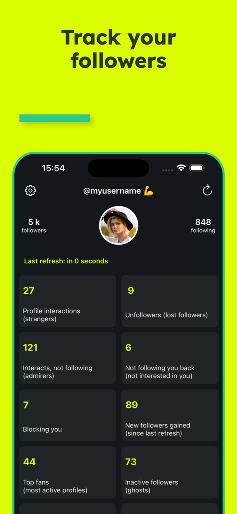 FollowerSpy Unfollower Tracker - Dashboard of FollowerSpy app showing Instagram follower insights and tracking statistics