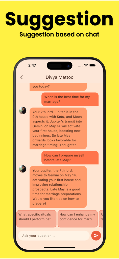 Astro Talk AI - Astro Talk AI app interface showing a chat with an AI astrologer giving personalized marriage advice and suggested follow-up questions