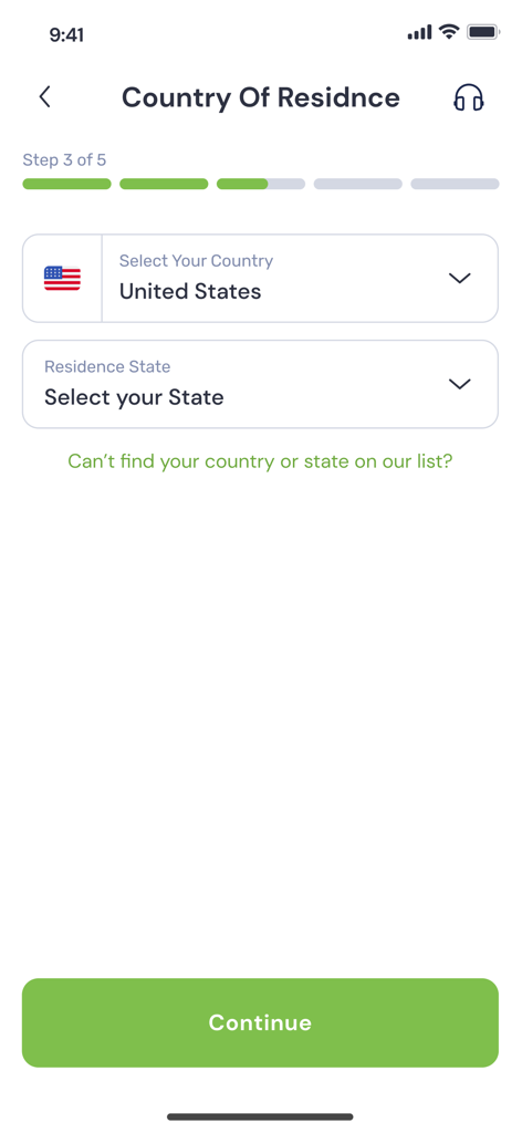 DahabshiilApp - DahabshiilApp onboarding screen for selecting country and state of residence