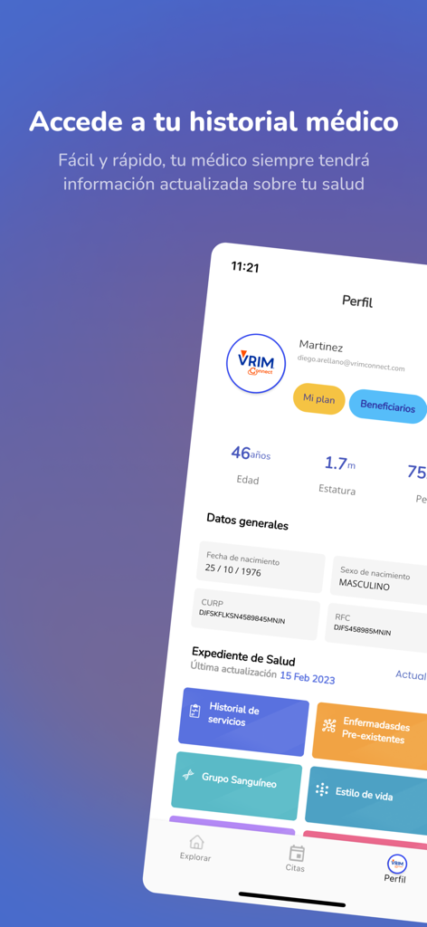 VRIM Connect - VRIM Connect app interface showing a user profile and digital medical history records.