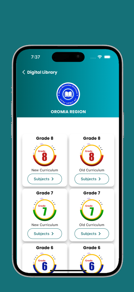 Ethio Digital Library - Ethio Digital Library app screen showing Grade 6 to 8 textbooks for the Oromia region with options for new and old curricula