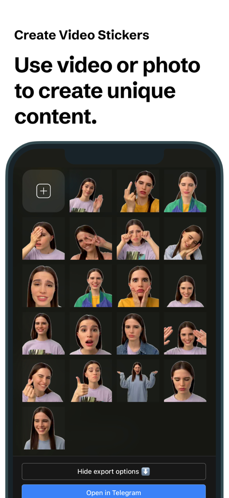 STQR - Sticker Maker Studio - STQR app interface displaying a grid of custom animated stickers created from video
