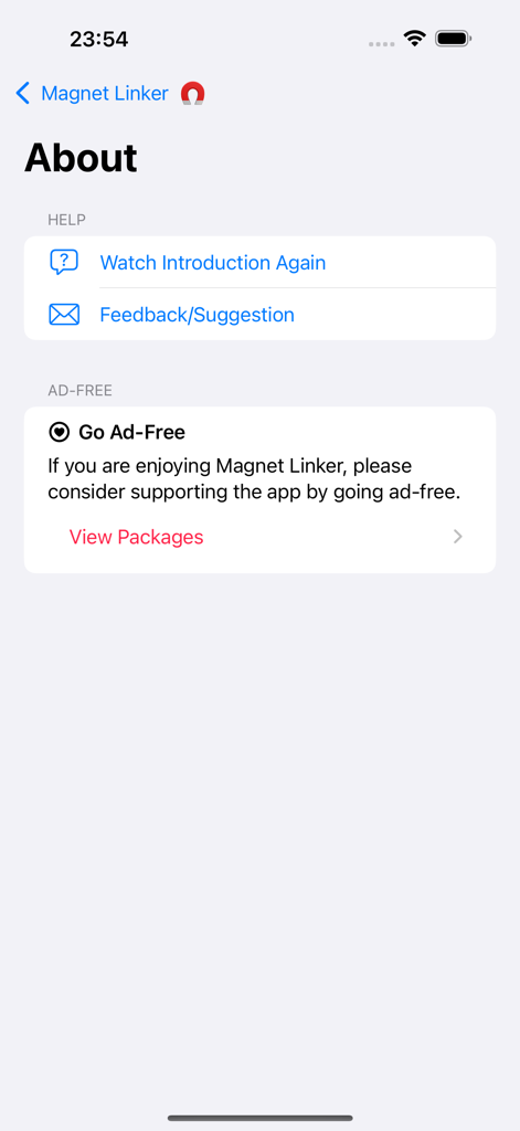 Magnet Linker - Magnet Linker app about page with help links and ad-free purchase option