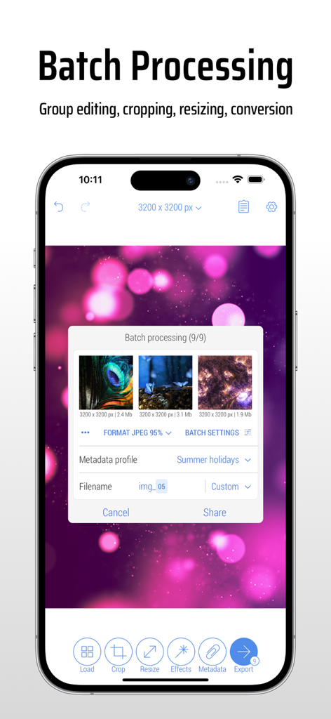 CropSize app interface showing batch processing for editing and resizing multiple photos simultaneously on an iPhone.