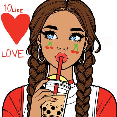 realistic girl with braided hair drinking boba