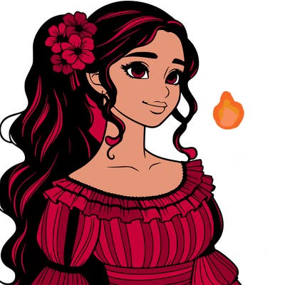 a single latina woman with a side ponytail and a long dress with ruffles. she has a few discreet flowers in her hair. realistic