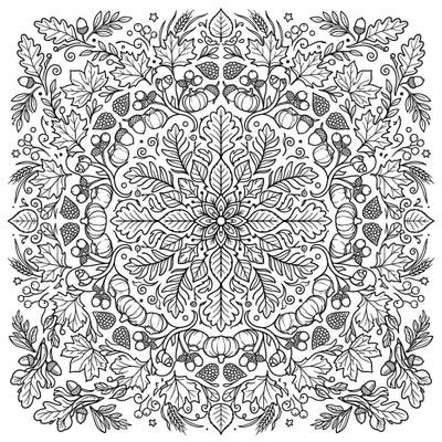 Celebrate the season of change with this stunning autumn floral mandala. Its intricate design, filled with leaves, berries, and harvest elements, offers a delightful and calming coloring experience.