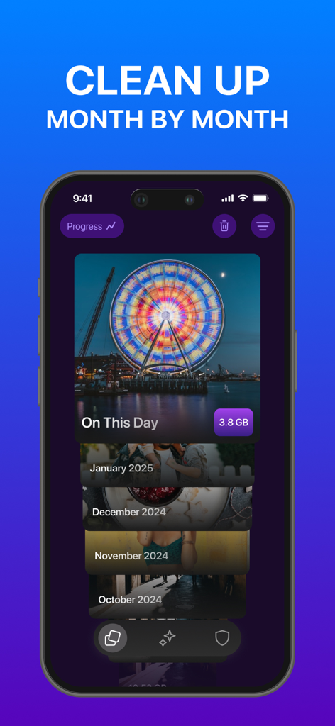 iPhone app interface showing photos organized by month for storage cleaning