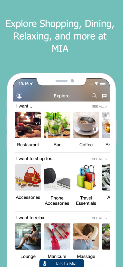 MIA Airport Official - MIA空港公式アプリの探索画面、レストラン、ショッピング、リラクゼーションサービスのカテゴリがあります