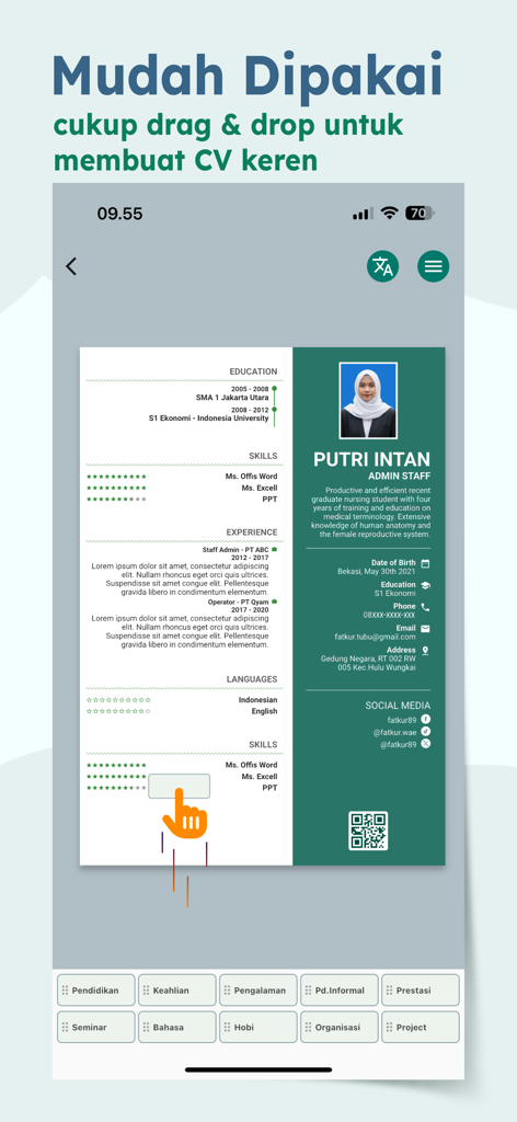Lamaranku - Lamaranku mobile app interface showing drag and drop CV editing tools