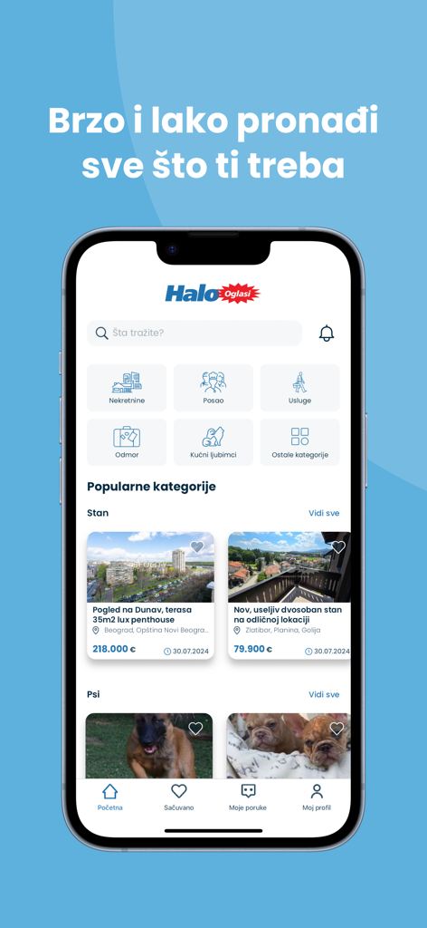 Interfaz de la aplicación móvil Halo Oglasi que muestra varias categorías de anuncios clasificados como bienes raíces y empleos en Serbia.